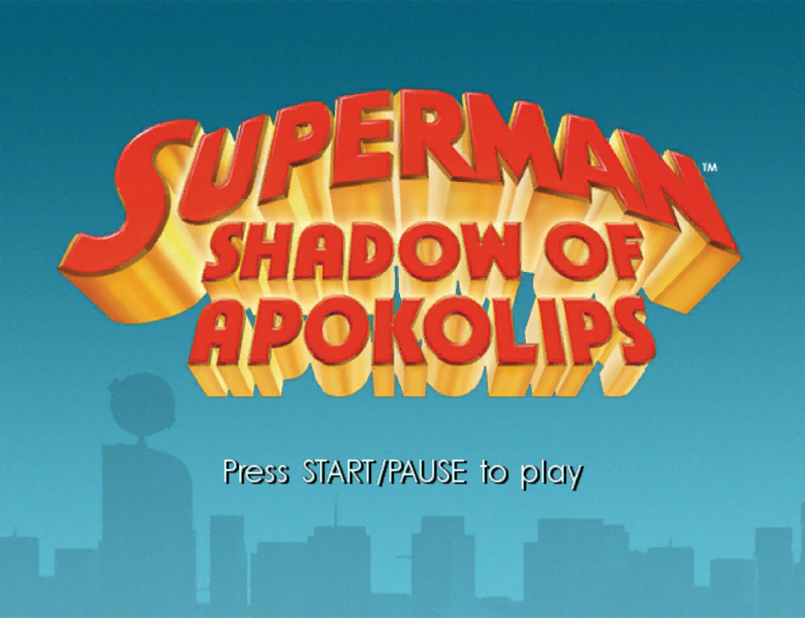 Superman: Shadow of Apokolips title screen for GameCube game featuring cel-shaded action adventure gameplay inspired by the animated series 