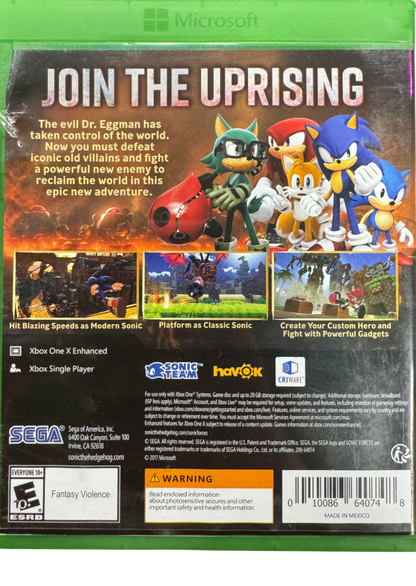 Sonic Forces Xbox One XONE video game featuring fast paced action platforming gameplay Sonic the Hedgehog character adventure Dr Eggman villain battles Infinite enemy encounters high speed running classic Sonic stages modern Sonic gameplay custom hero creation Wispon weapons colorful environments and challenging platform levels retro video game collection collectible gaming appealback cover art
