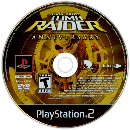 Tomb Raider Anniversary PS2 Sony PlayStation 2 action adventure game Lara Croft platforming puzzle solving exploration remake classic Tomb Raider Core Design Crystal Dynamics third person adventure PlayStation 2 software video game title disc