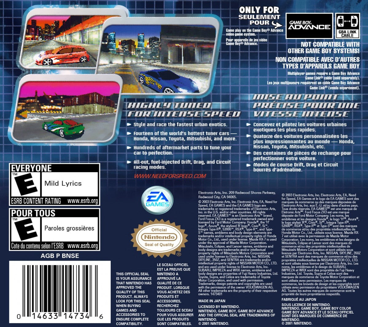 Need for Speed Underground Game Boy Advance back of case for retro video game featuring street racing gameplay, car customization, underground tuner culture, fast paced arcade racing, and portable handheld racing action on the GBA system