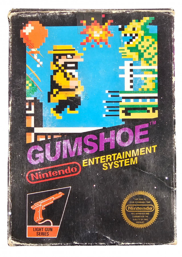Gumshoe 5 Screw Nintendo Entertainment System NES video game featuring light gun shooting gameplay side scrolling action target shooting enemy encounters hostage rescue missions reflex challenges and classic 8 bit Nintendo gameplay retro video game collection collectible gaming appeal front cover art