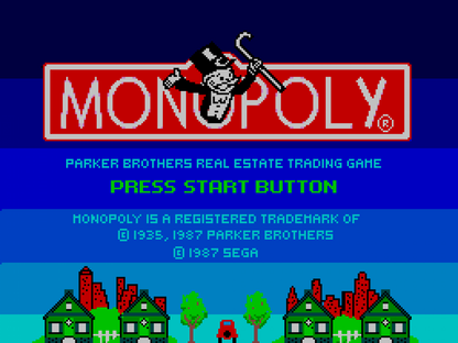 Monopoly start screen for Sega Master System (SMS) strategy board game adaptation featuring classic Parker Brothers property trading theme