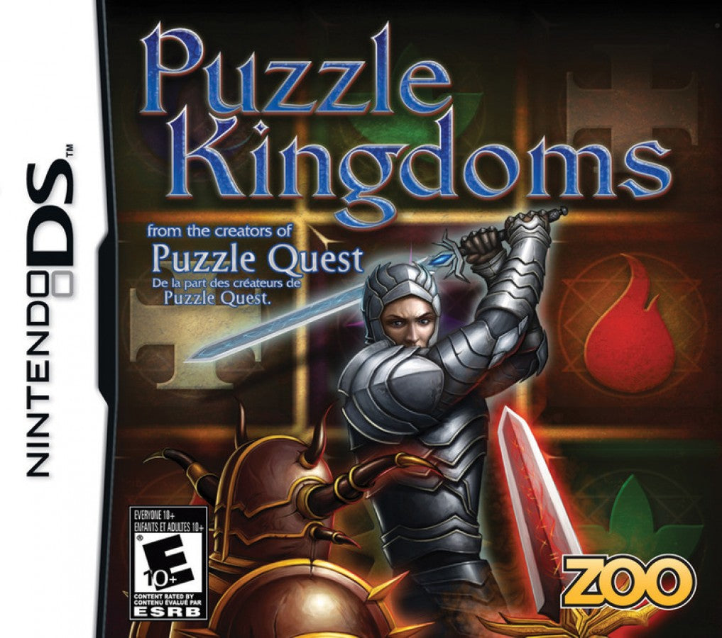 Puzzle Kingdoms Nintendo DS game featuring match three puzzle strategy gameplay with unit based battles resource management and kingdom building elements in a fantasy setting front cover