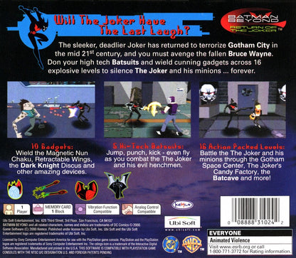 Batman Beyond PlayStation PS1 for action adventure video game fans featuring futuristic superhero combat crime fighting missions Gotham City exploration powerful gadgets fast paced battles based on the animated series platforming action classic PlayStation gameplay collectible gaming appeal back cover art