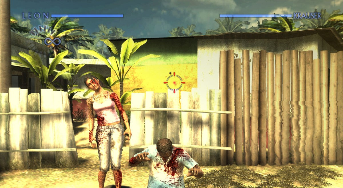 Resident Evil The Darkside Chronicles Nintendo Wii light gun shooter rail shooter on-rails game Resident Evil series Capcom Operation Javier scenario Leon Kennedy Krauser Claire Redfield Umbrella chronicles zombie outbreak motion controls shooting gallery style gameplay screenshot