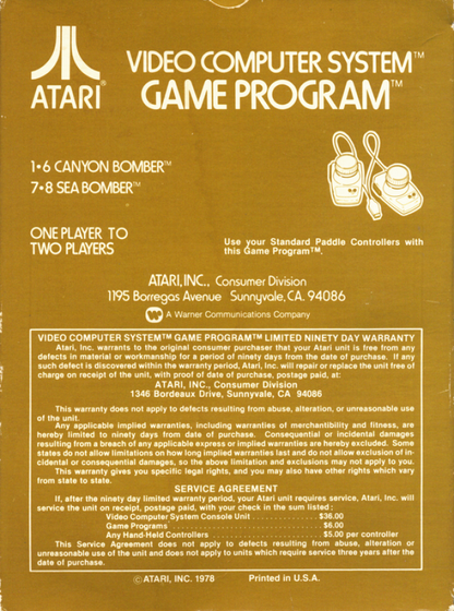 Canyon Bomber retro Atari 2600 video game featuring arcade bombing gameplay, aerial combat action, multiplayer challenges and classic Atari entertainment - back of box