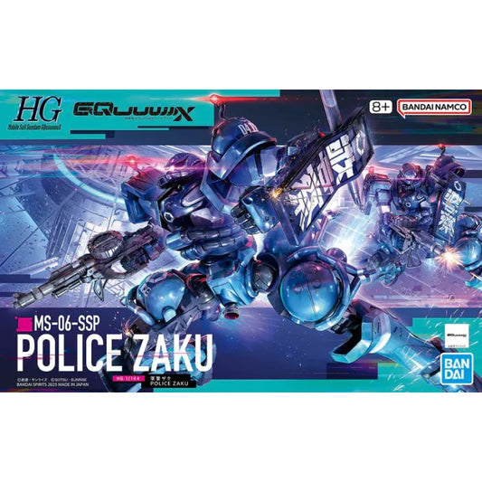 MS-06-SSP Police Zaku Mobile Suit Gundam GQuuuuuuX Bandai Hobby HG 1/144 scale model kit inspired design featuring detailed mecha construction aesthetic law enforcement themed mobile suit iconic Gundam mechanical design articulated armor components collectible plastic model building and anime inspired display presentation