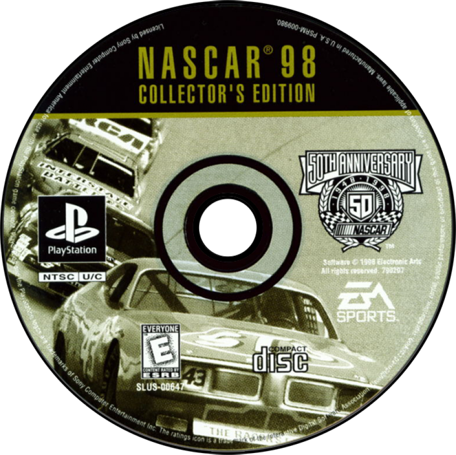 NASCAR 98 Collector’s Edition for PlayStation 1, disc for a stock car racing game with NASCAR competition, licensed drivers, fast-paced arcade racing, and motorsports gameplay