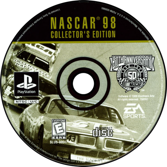 NASCAR 98 Collector’s Edition for PlayStation 1, disc for a stock car racing game with NASCAR competition, licensed drivers, fast-paced arcade racing, and motorsports gameplay