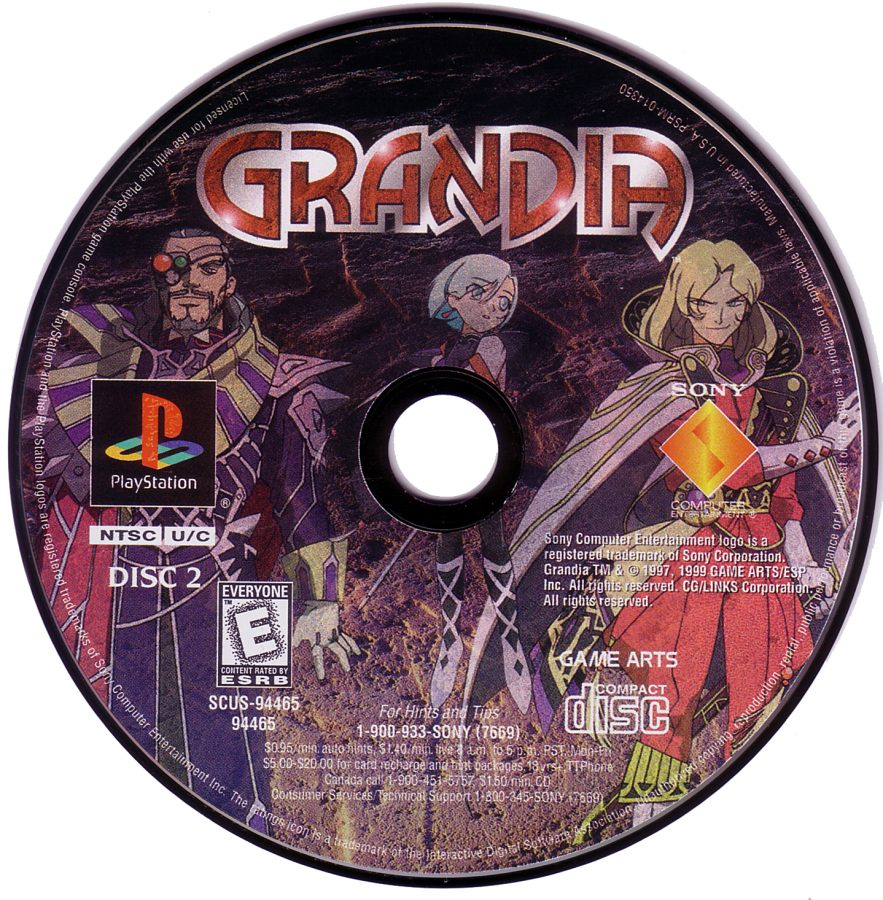 Grandia for PlayStation 1 classic JRPG featuring turn based battle system anime style story adventure exploration fantasy role playing gameplay disc 2 