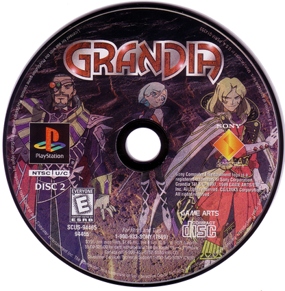 Grandia for PlayStation 1 classic JRPG featuring turn based battle system anime style story adventure exploration fantasy role playing gameplay disc 2 