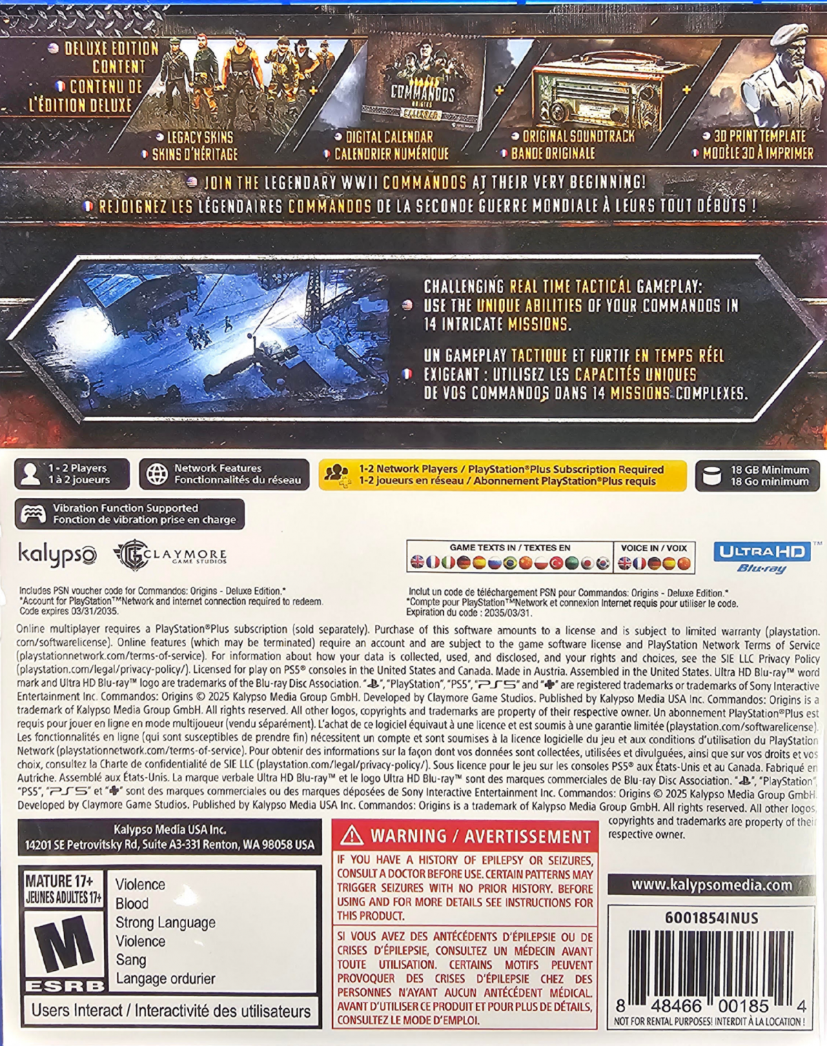 Commandos Origins Deluxe Edition PlayStation 5 PS5 for tactical strategy video game fans featuring World War II commando missions stealth gameplay squad management enemy infiltration strategic planning diverse specialist abilities challenging objectives and Deluxe Edition content collectible gaming appeal back cover art