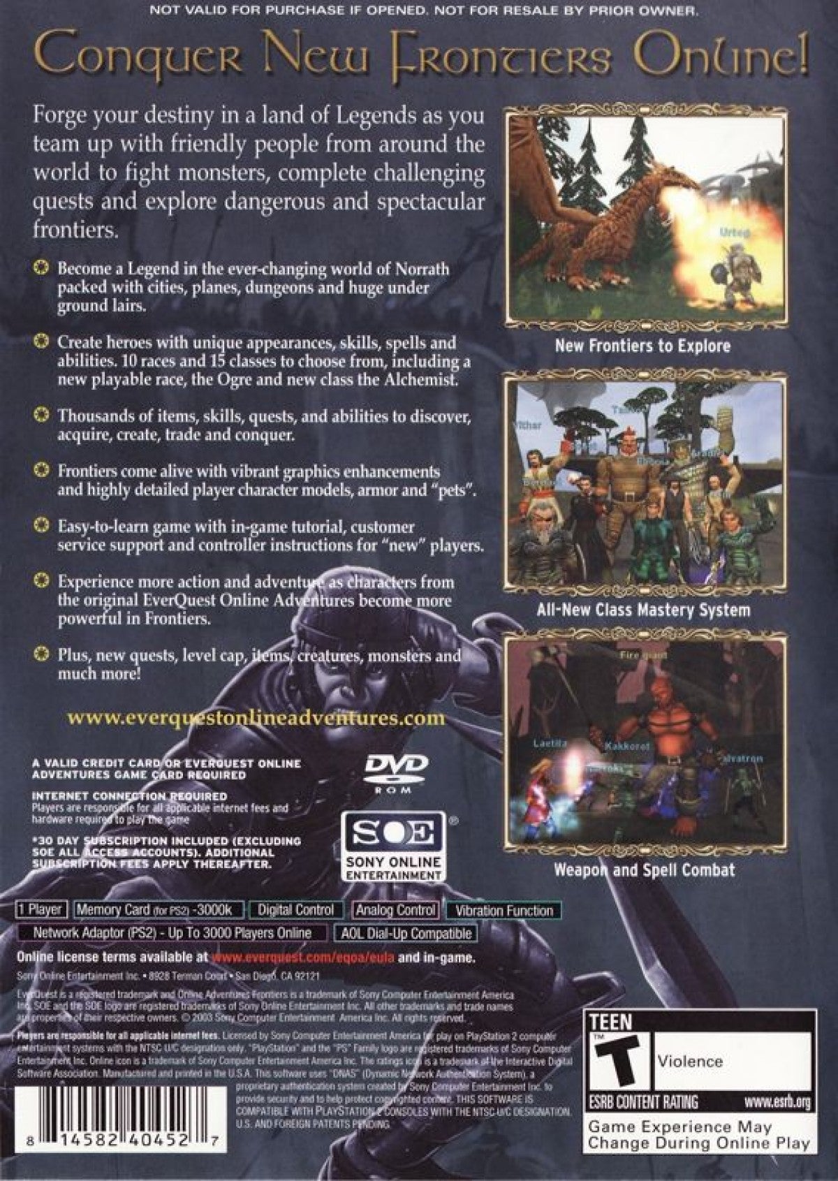 EverQuest Online Adventures: Frontiers for PlayStation 2 (PS2) featuring the console MMO expansion that adds new zones quests monsters and gear to the world of Norrath; team up with other players choose a class and explore a large online fantasy adventure built for PS2 network play back cover
