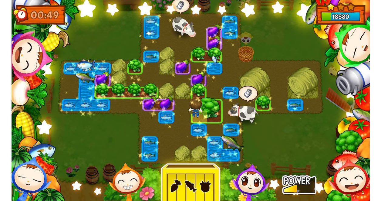Harvest Moon: Mad Dash for PlayStation 4 (PS4) featuring a fast-paced, arcade-style farming puzzle game where you must harvest, fish, and milk cows under pressure; navigate chaotic levels solo or with friends in local co-op as you race to restore a broken lighthouse in this frantic spin-off of the classic simulation series gameplay screenshot