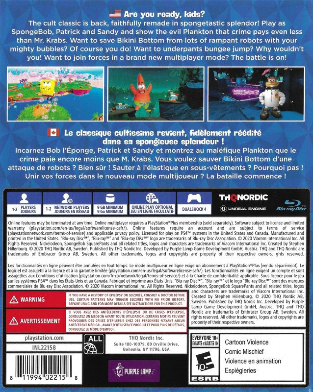 SpongeBob SquarePants: Battle for Bikini Bottom: Rehydrated – PlayStation 4 (PS4) video game back of case, platformer action-adventure