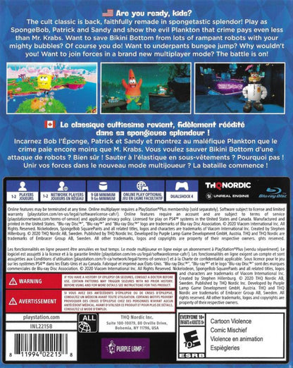 SpongeBob SquarePants: Battle for Bikini Bottom: Rehydrated – PlayStation 4 (PS4) video game back of case, platformer action-adventure