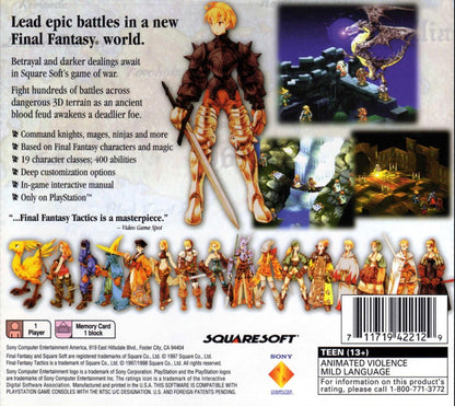 Retro Final Fantasy Tactics PS1 cover art inspired design featuring classic tactical RPG fantasy warfare aesthetic vintage PlayStation strategy game graphics medieval heroes summons grid based battles nostalgic Squaresoft masterpiece iconic JRPG adventure back cover art