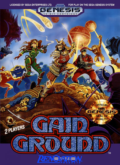 Gain Ground Sega Genesis GEN for retro video game enthusiasts featuring tactical action gameplay strategic character switching arcade style combat maze based levels cooperative multiplayer challenges unique playable heroes and collectible gaming appeal front cover