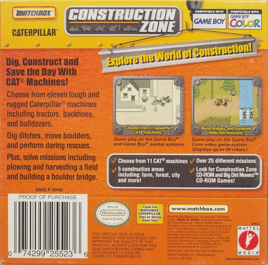 Matchbox Caterpillar Construction Zone for Game Boy Color, back of case for a simulation video game with construction vehicle gameplay, task-based challenges, mini-games, and family-friendly activities
