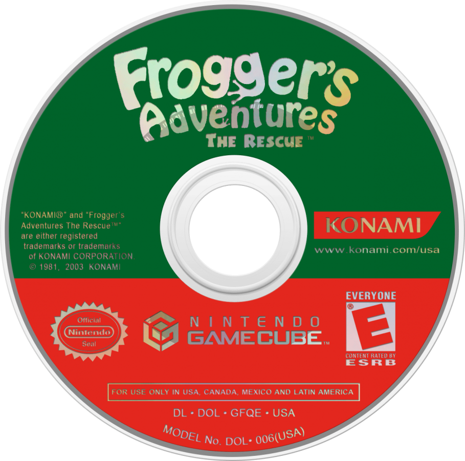 Frogger’s Adventures The Rescue Nintendo GameCube GC video game, action platformer, adventure and puzzle gameplay, classic Frogger franchise title disc