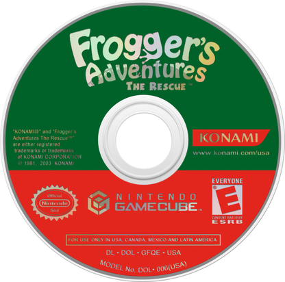 Frogger’s Adventures The Rescue Nintendo GameCube GC video game, action platformer, adventure and puzzle gameplay, classic Frogger franchise title disc