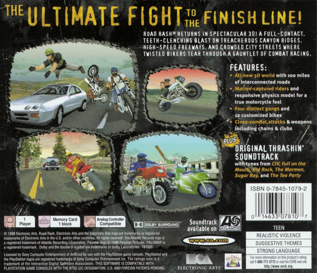 Road Rash 3D PlayStation PS1 for racing action video game fans featuring high speed motorcycle racing road combat aggressive opponents weapon based attacks 3D tracks urban and rural environments bike upgrades intense rival battles arcade style gameplay collectible gaming appeal back cover art