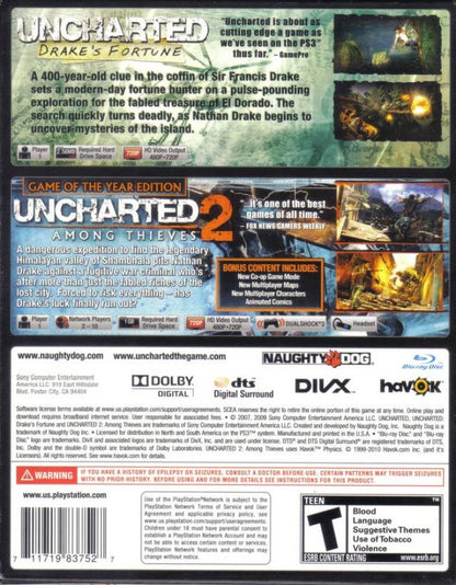 Uncharted Dual Pack PlayStation 3 PS3 for retro video game enthusiasts featuring action adventure gameplay cinematic treasure hunting thrilling platforming exploration third person combat puzzle solving epic storytelling including two classic Uncharted adventures and collectible gaming appeal back cover 