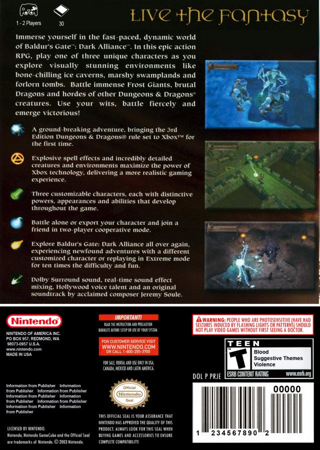 Baldur’s Gate Dark Alliance featuring action RPG dungeon crawling adventure in the Forgotten Realms back cover art