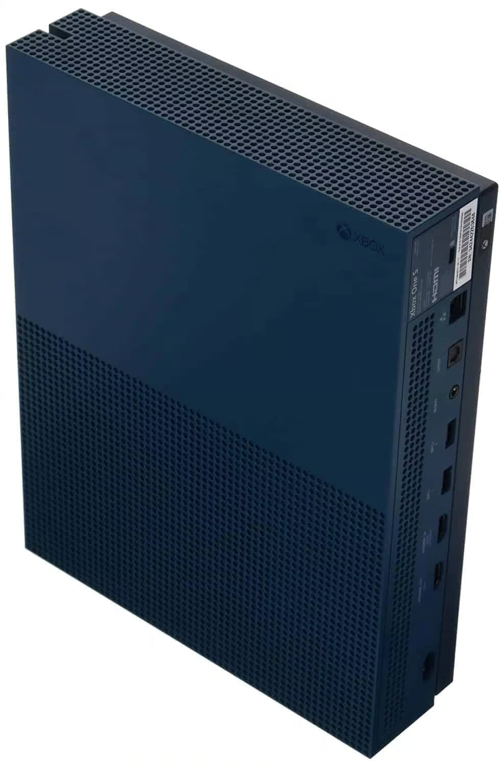 Xbox One S Console XONE Deep Blue Special Edition 500GB Good Condition Microsoft gaming system featuring deep blue special edition design 500GB internal storage Xbox One game compatibility 4K video playback HDR gaming wireless controller support online multiplayer entertainment streaming compact console hardware used gaming system home entertainment setup collectible Xbox console and gaming accessory appeal top standing view