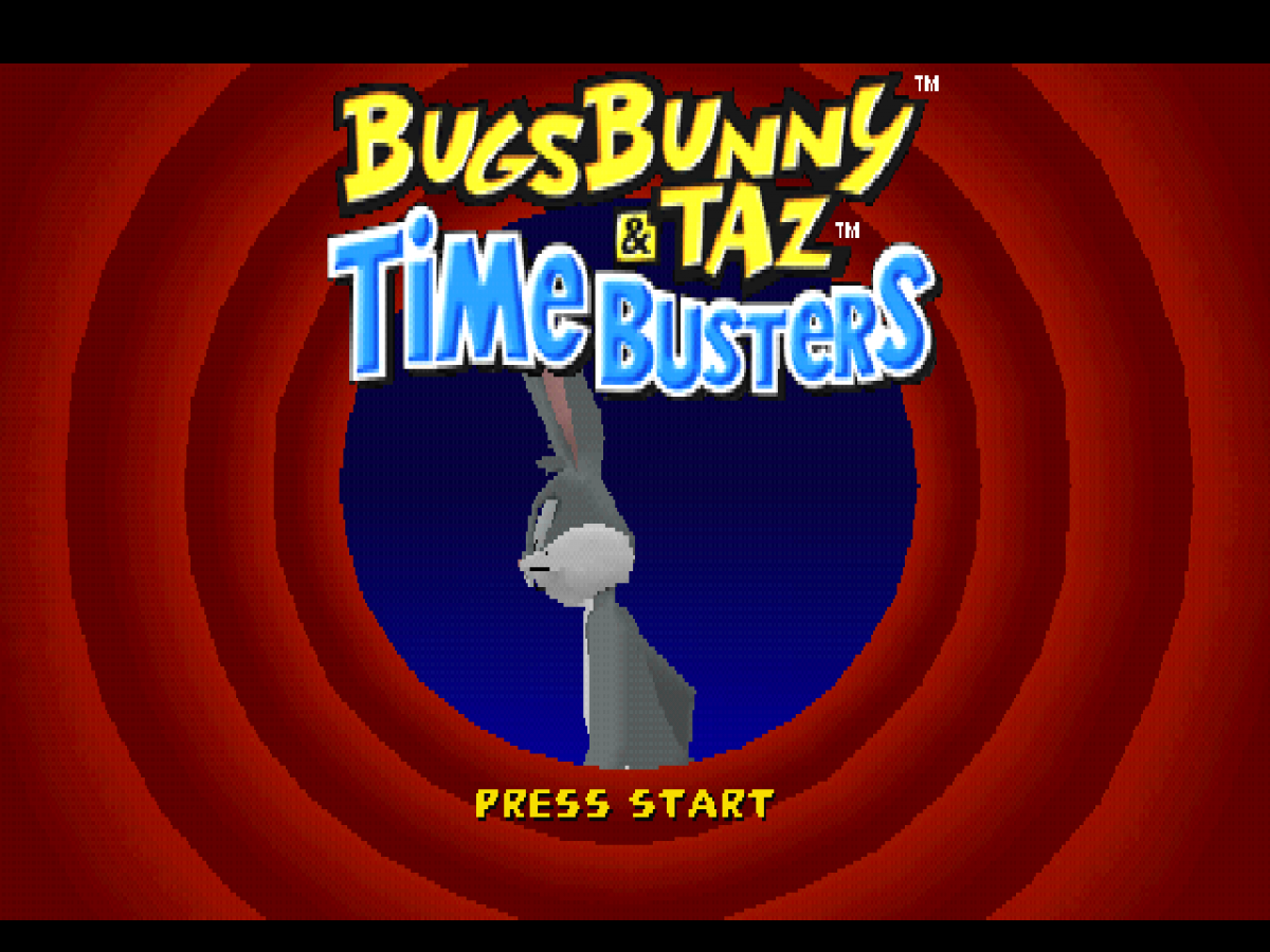 Bugs Bunny and Taz Time Busters PlayStation 1 game featuring cartoon-style platforming, time-travel adventures, and classic Looney Tunes humor main menu title screen