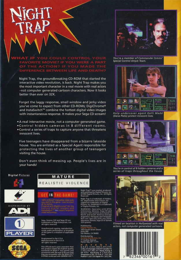 Night Trap Sega CD 32X (enhanced Sega CD version) full motion video FMV interactive movie game surveillance horror traps gameplay live action footage mansion setting vampire attack storyline branching choices Digital Pictures retro gaming Sega CD software video game title back cover art