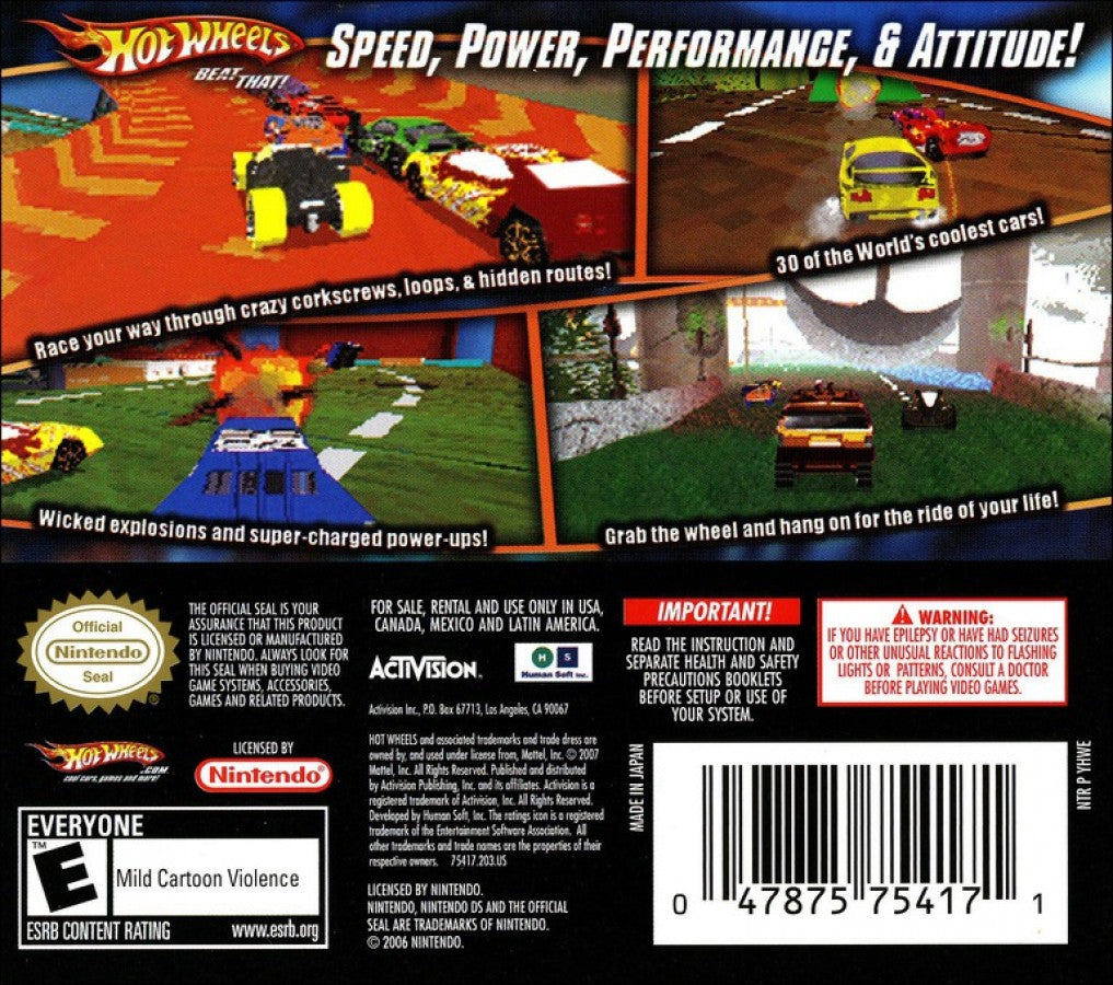 Hot Wheels: Beat That back cover art for Nintendo DS video game, arcade racing, toy car combat, fast-paced action, handheld console title