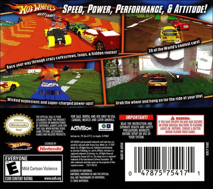 Hot Wheels: Beat That back cover art for Nintendo DS video game, arcade racing, toy car combat, fast-paced action, handheld console title