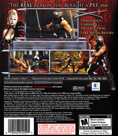 Ninja Gaiden Sigma PlayStation 3 action hack and slash video game intense combat remastered version back cover