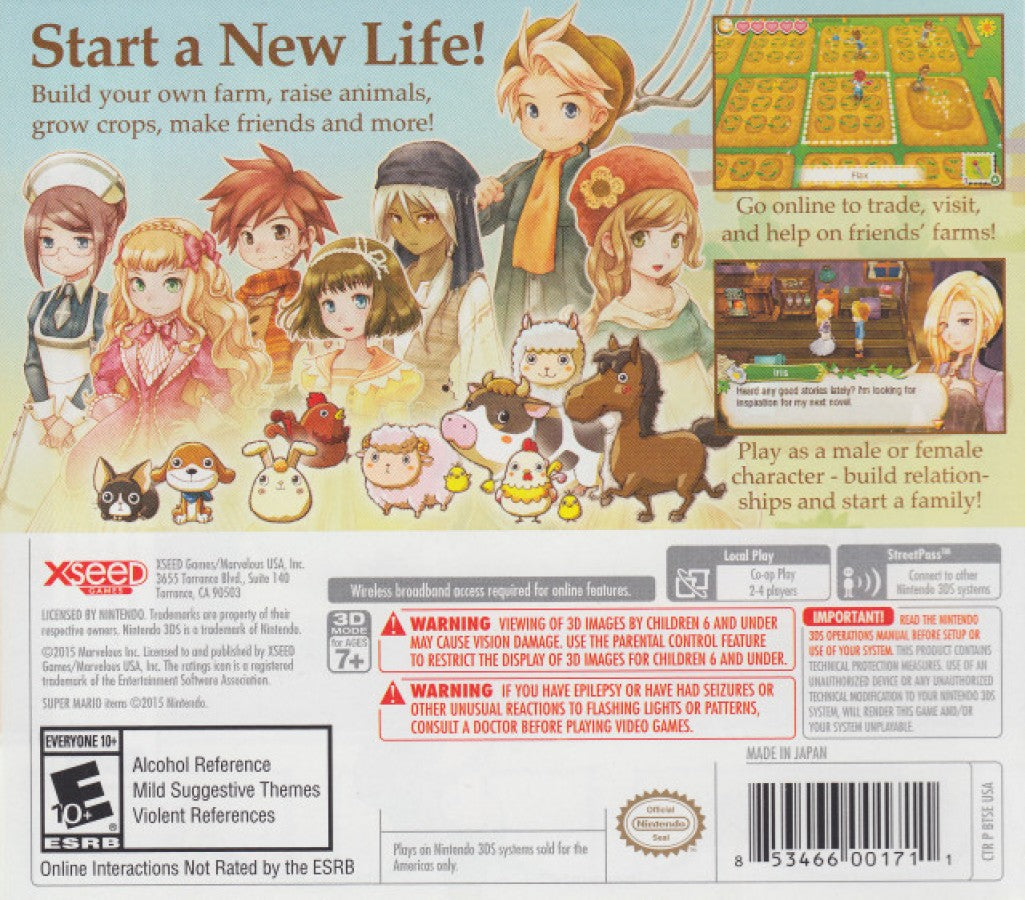 Story of Seasons back of case for Nintendo 3DS (3DS) farming simulation role-playing video game