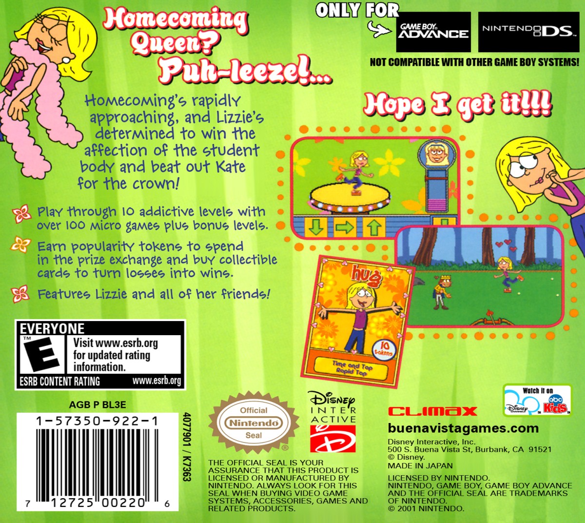 Lizzie McGuire 3 Homecoming Havoc video game featuring Disney teen adventure gameplay Lizzie McGuire character story high school life homecoming dance preparations friendship challenges school activities mini games interactive adventures fashion styling and classic Disney gaming entertainment retro video game collection collectible gaming appeal back cover art
