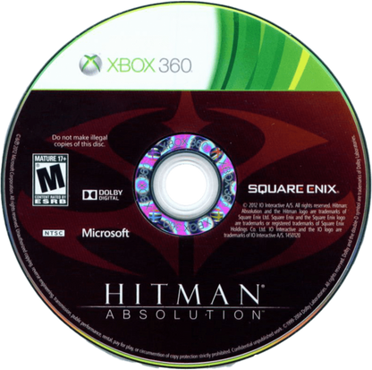 Hitman Absolution Xbox 360 game featuring stealth assassination gameplay and cinematic action missions Front Cover Disc art
