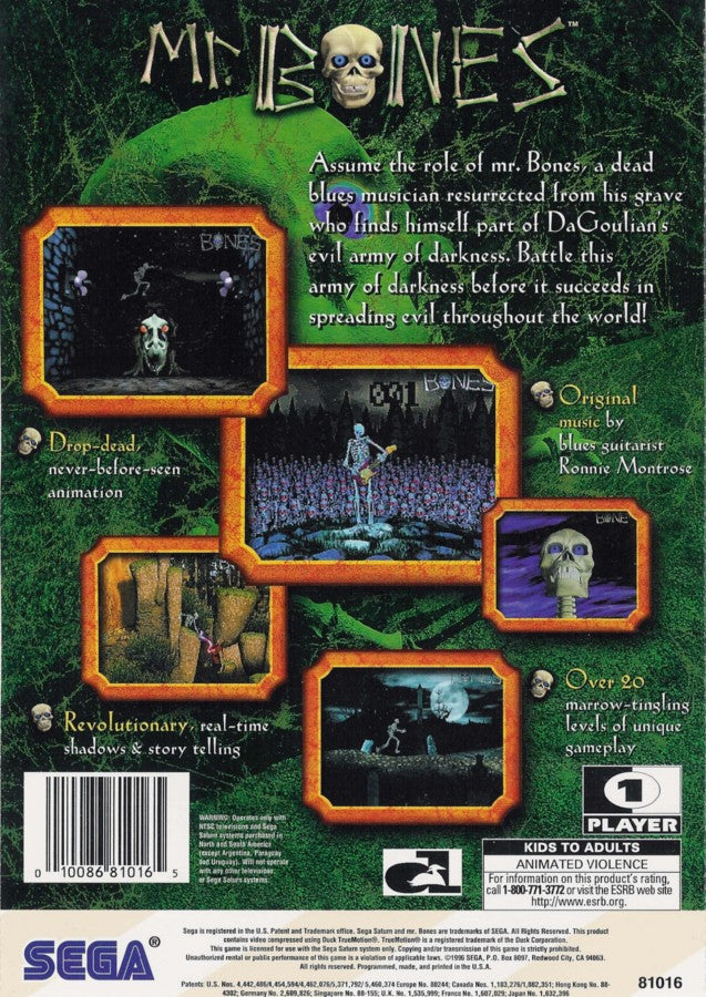Mr Bones Sega Saturn action adventure rhythm game quirky animated skeleton protagonist side scrolling combat music based gameplay hand drawn animation surreal humor Sega experimental classic retro gaming Sega Saturn software video game title back cover art
