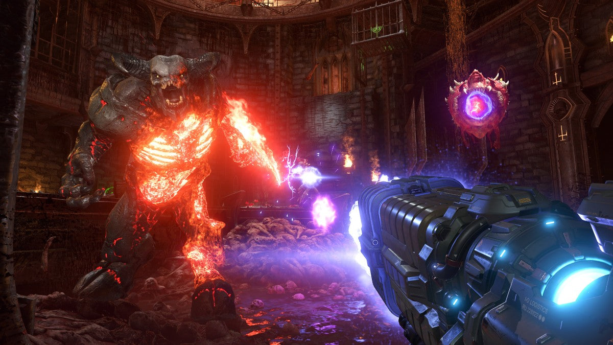 DOOM Eternal PS4 game featuring fast-paced first-person shooter action, intense demon-slaying combat, and brutal high-speed gameplay