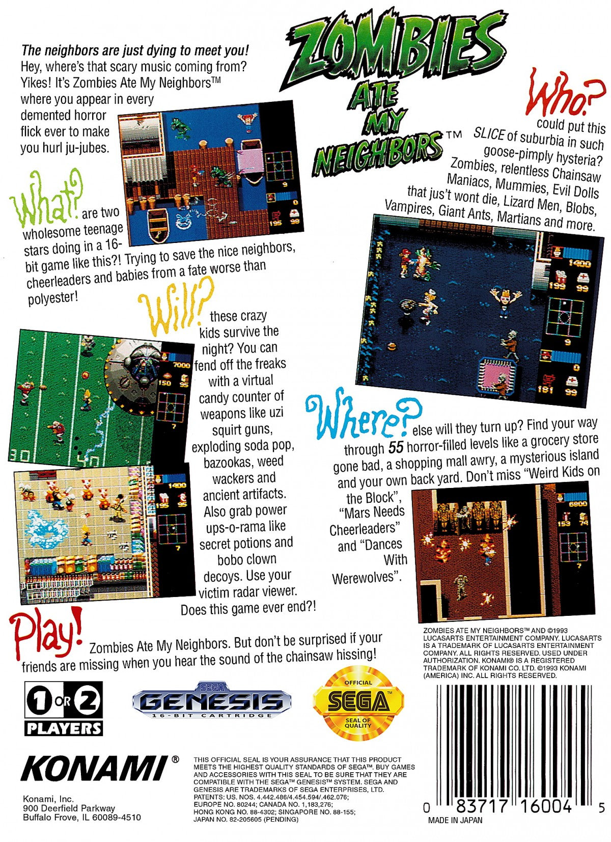 Zombies Ate My Neighbors Sega Genesis classic run and gun co-op survival horror themed rescue neighbors across 55 levels cult classic back cover art