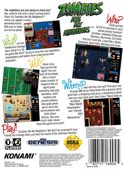 Zombies Ate My Neighbors Sega Genesis classic run and gun co-op survival horror themed rescue neighbors across 55 levels cult classic back cover art