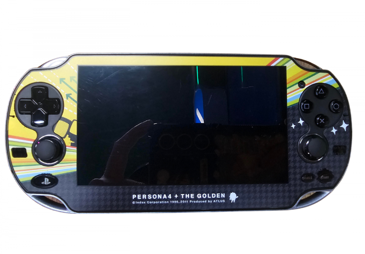 PlayStation Vita 1000 PS Vita 1000 Persona 4 Japanese JP edition handheld gaming console featuring Persona 4 themed design portable PlayStation gaming OLED display handheld controls Japanese import console scratch and scuff condition classic Sony hardware and collectible gaming appeal front