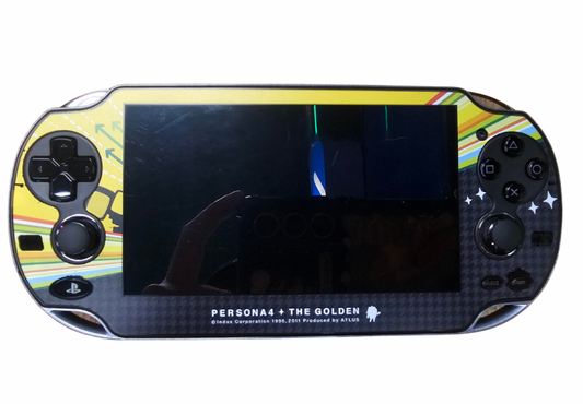 PlayStation Vita 1000 PS Vita 1000 Persona 4 Japanese JP edition handheld gaming console featuring Persona 4 themed design portable PlayStation gaming OLED display handheld controls Japanese import console scratch and scuff condition classic Sony hardware and collectible gaming appeal front