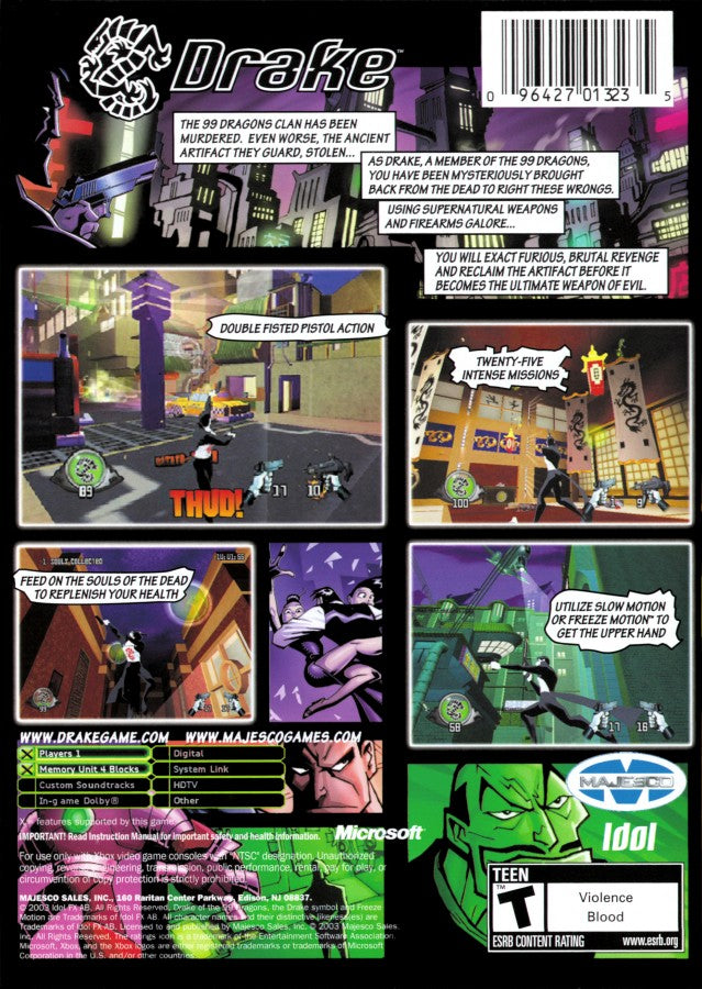Drake of the 99 Dragons retro Xbox video game Drake of the 99 Dragons third person action shooter comic style gunplay supernatural crime noir combat console title Xbox release back of case