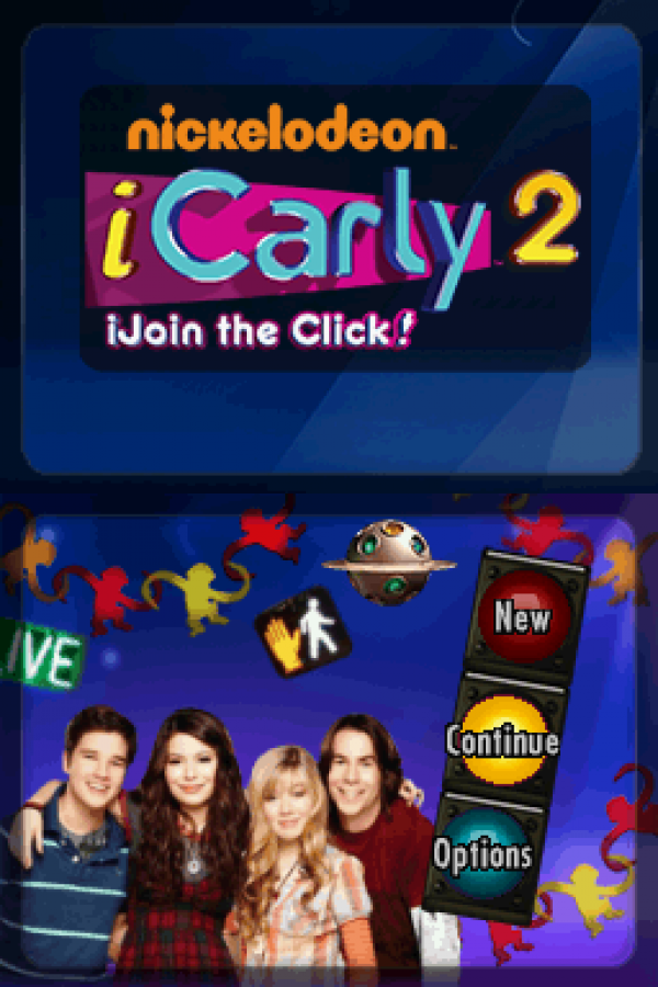 iCarly 2 iJoin the Click for Nintendo DS, title screen for a simulation adventure video game with mini-games, story-based gameplay, TV show characters, and casual interactive activities