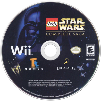 LEGO Star Wars The Complete Saga Wii game featuring family-friendly action adventure gameplay, cooperative play, and the full classic Star Wars saga in LEGO form disc