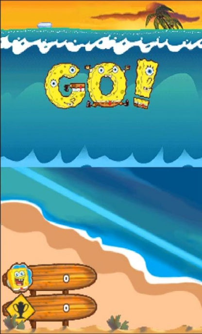 SpongeBob Surf & Skate: Roadtrip for Nintendo DS sports adventure game featuring skateboarding and surfing challenges, colorful Bikini Bottom levels, mini games, and stylus controlled family friendly gameplay experience gameplay