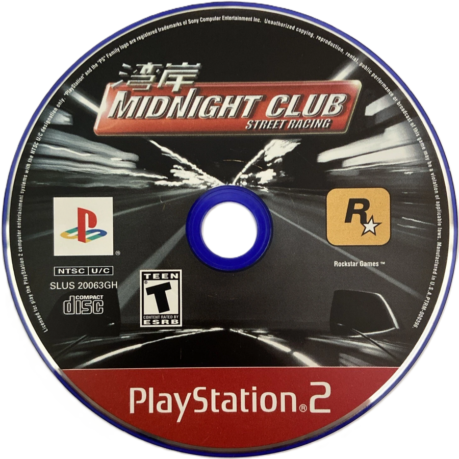 Midnight Club Street Racing disc art for PlayStation 2 (PS2) featuring underground street racing through New York and London with customizable cars and fast arcade action.
