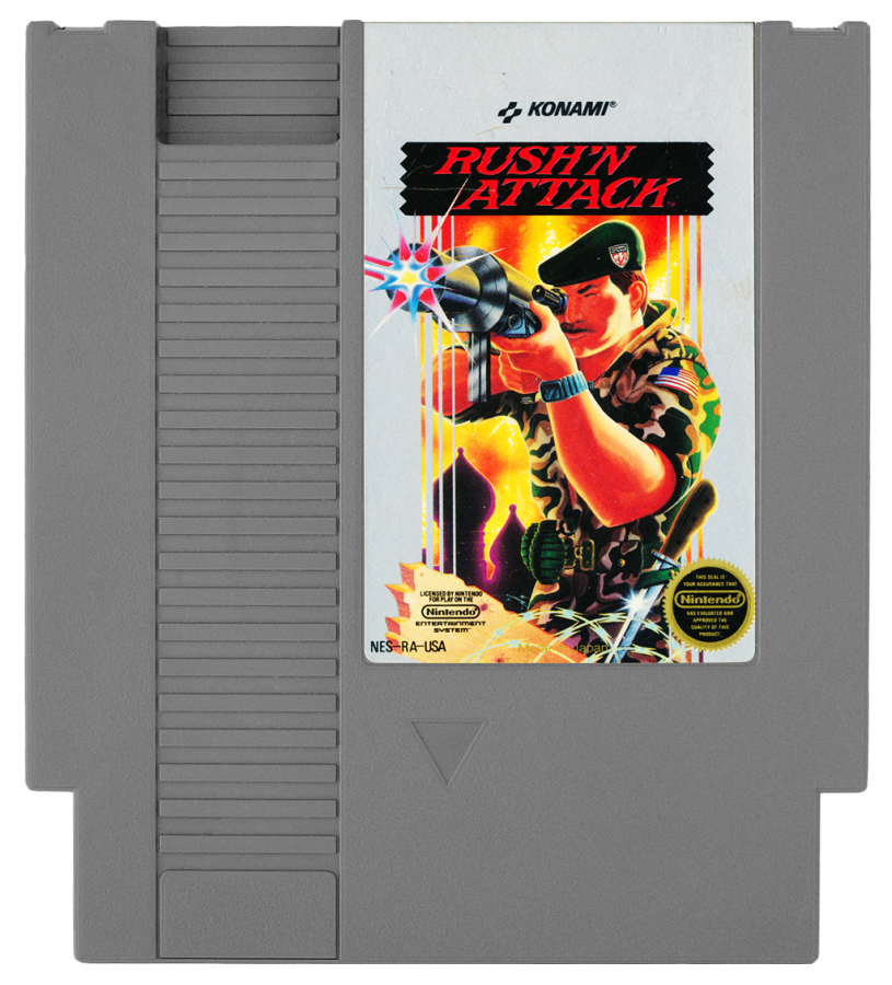 Rush'n Attack Complete in Box CIB Nintendo Entertainment System NES for retro video game enthusiasts featuring side scrolling action gameplay military commando missions fast paced combat challenging enemy soldiers cooperative style arcade action complete in box collectible gaming appeal cartrdige