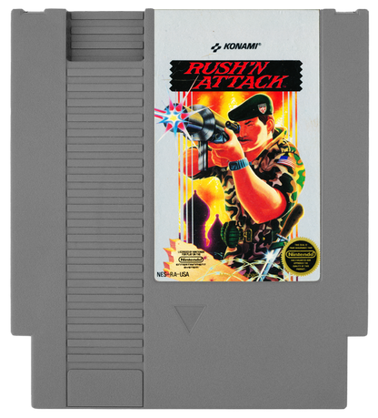 Rush'n Attack Complete in Box CIB Nintendo Entertainment System NES for retro video game enthusiasts featuring side scrolling action gameplay military commando missions fast paced combat challenging enemy soldiers cooperative style arcade action complete in box collectible gaming appeal cartrdige